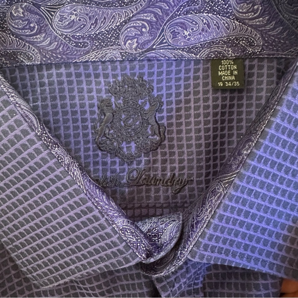 English Laundry Purple & Blue Checkered Cotton Long Sleeve Dress Shirt Sz 19 EUC - Picture 14 of 16